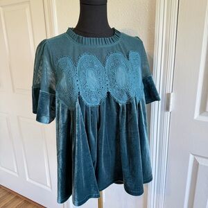 Fate Boutique Velvet Lace Babydoll Top Teal Medium Boho Romantic Velvet Tunic